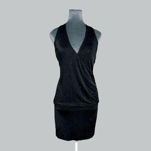 2000s Bebe silk knit black mini halter sparkly crystal party cocktail dress M